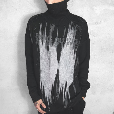 Oversize loose fit graffiti print turtle neck knitted sweater in 2 colors