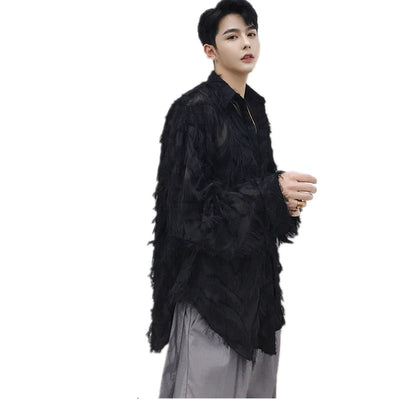 Unusual feather transparent finish  square collar long sleeve high fashion  shirt
