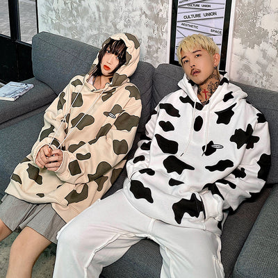 Cow printed loose casual hooded sweater