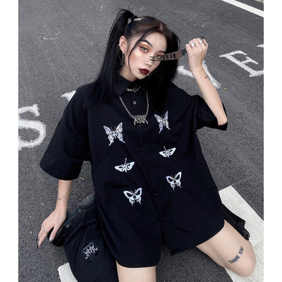short-sleeved butterfly printed shirt