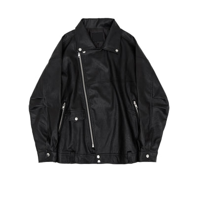 Diagonal zip fly PU leather biker Jacket