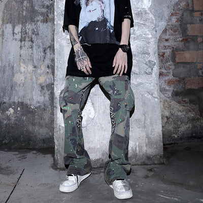 camouflage stitching paint wash trousers