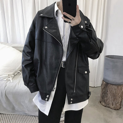 Fake PU Leather retro fashion inspired biker jacket in black