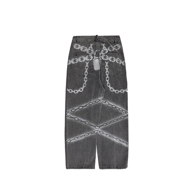Wide leg chain printed straight fit washed out jeans