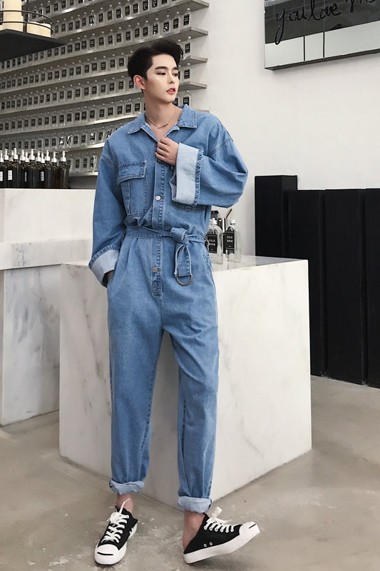 Manfinity Homme Men's Loose Fit Denim Button Jumpsuit With Belt | SHEIN USA