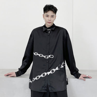 long-sleeved chain printed shiny satin dark shirt