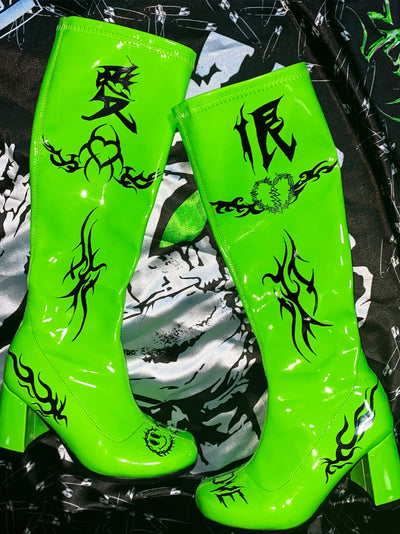 hand painted graffiti love hate fluorescent green PU leather long-heeled boots