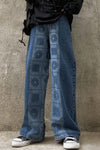 CASHEW FLOWER PAISLEY PRINT STITCHING LOOSE FIT STRAIGHT JEANS IN BLACK OR BLUE