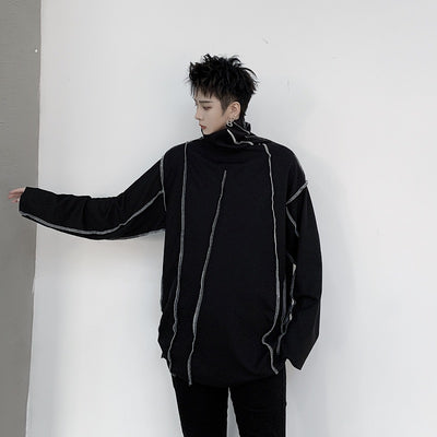 Stand roll neck collar loose fit contrast stitching sweatshirt