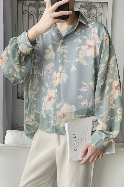 floral oversize retro flower print drooping long sleevees shirt