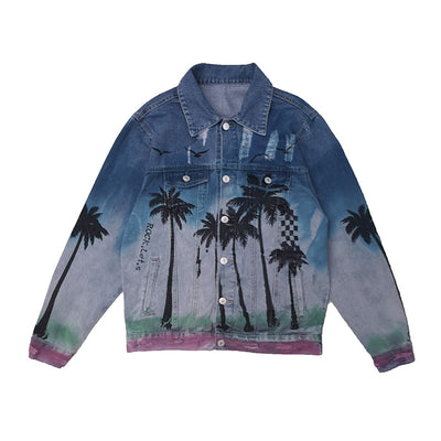 Long sleeve Tie-Dye gradient palm tree print tropical forest graphic denim jacket